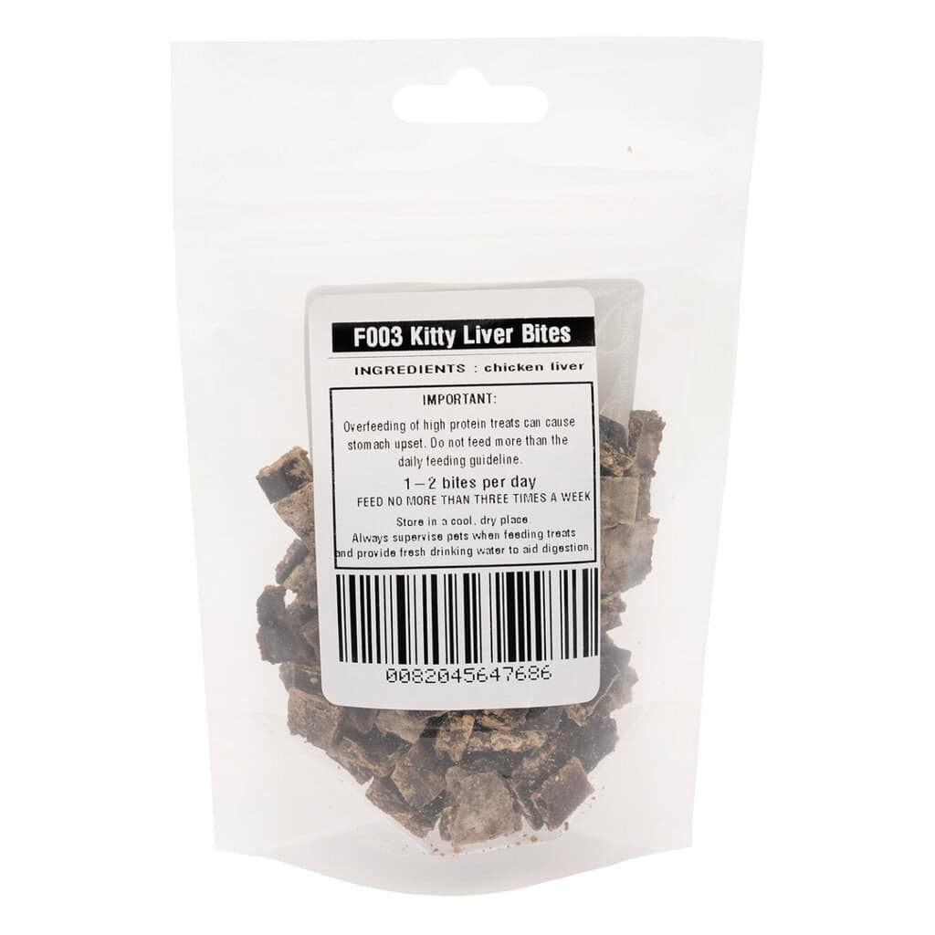 Chicken liver dog treats in a clear resealable bag, labeled "PolkaDot Pets" for healthy pet snacks.