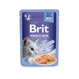Brit salmon cat food pouch with jelly for adult cats, premium quality.