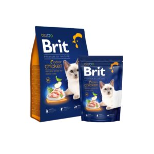 Brit indoor chicken cat food bag with kitten image, suitable for indoor cats.