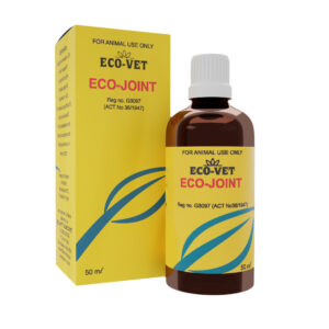 Eco-Joint supplement for pets in a brown bottle with yellow label.